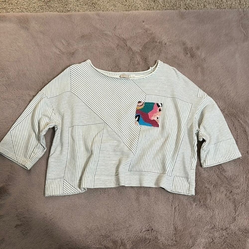 Anthro Postmark Embroidered Pocket Stripe Boxy Split Back Sweatshirt Sz S